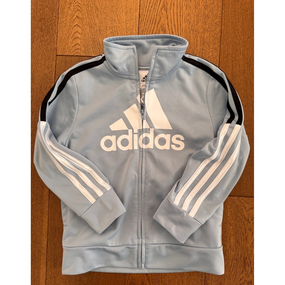Adidas Girls Track Jacket 4T Baby Blue 3 Stripe Big Logo Full Zip Athletic